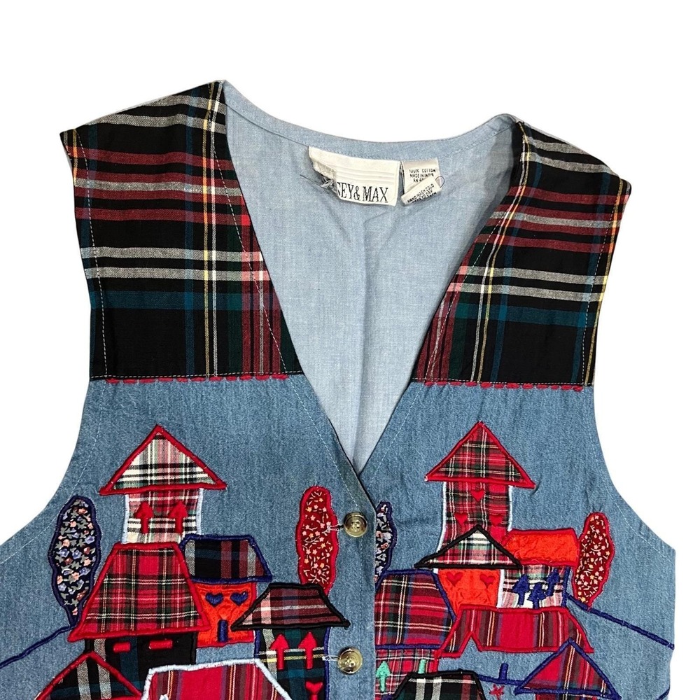 Vintage Patchwork Denim Vest Embroidered Folk Art Plaid Cottagecore M - Picture 5 of 9